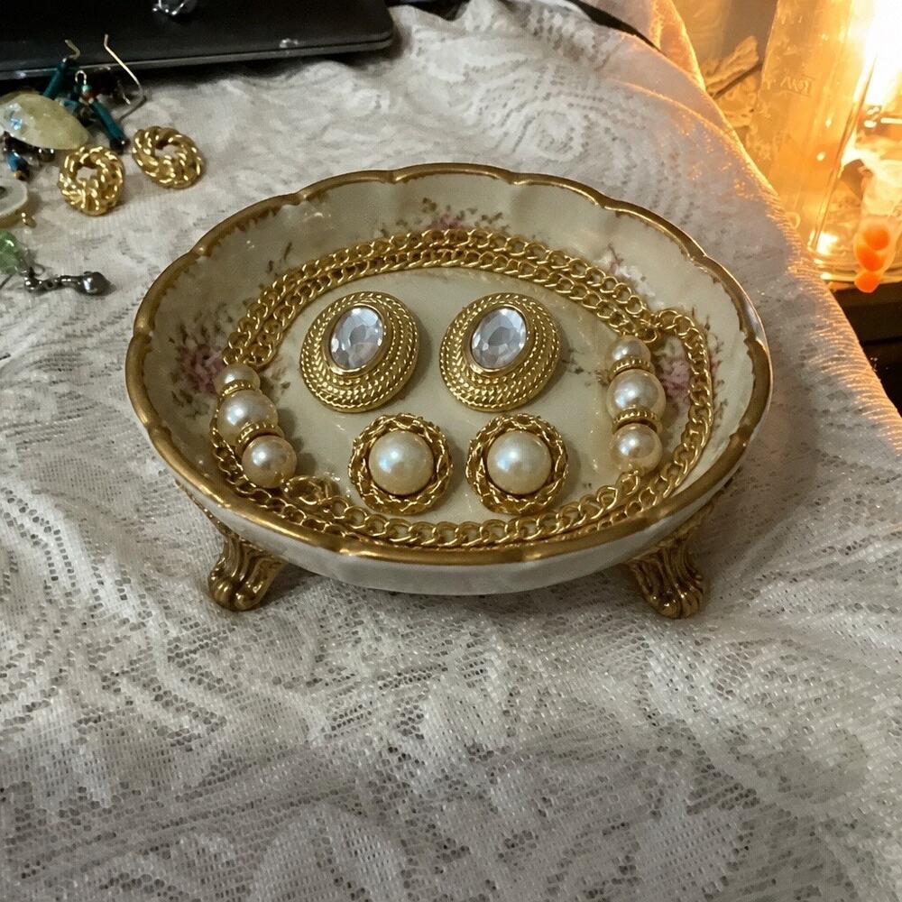 Vintage Gold, Pearl, and Crystal 3-Piece Jewelry Set (Stamped Korea)